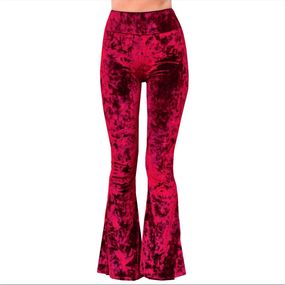 Red crushed velvet bell bottoms
